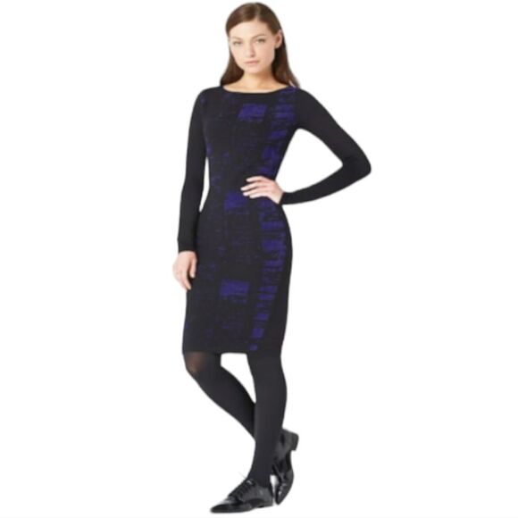 Elie Tahari‎ -1207 Black and Purple Long Sleeve Sweater Midi Dress M - Picture 1 of 8